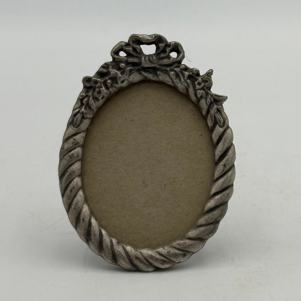 Vintage Ornate Pewter Oval Mini Picture Frame Bow Floral Rope Border 3.5x2.5